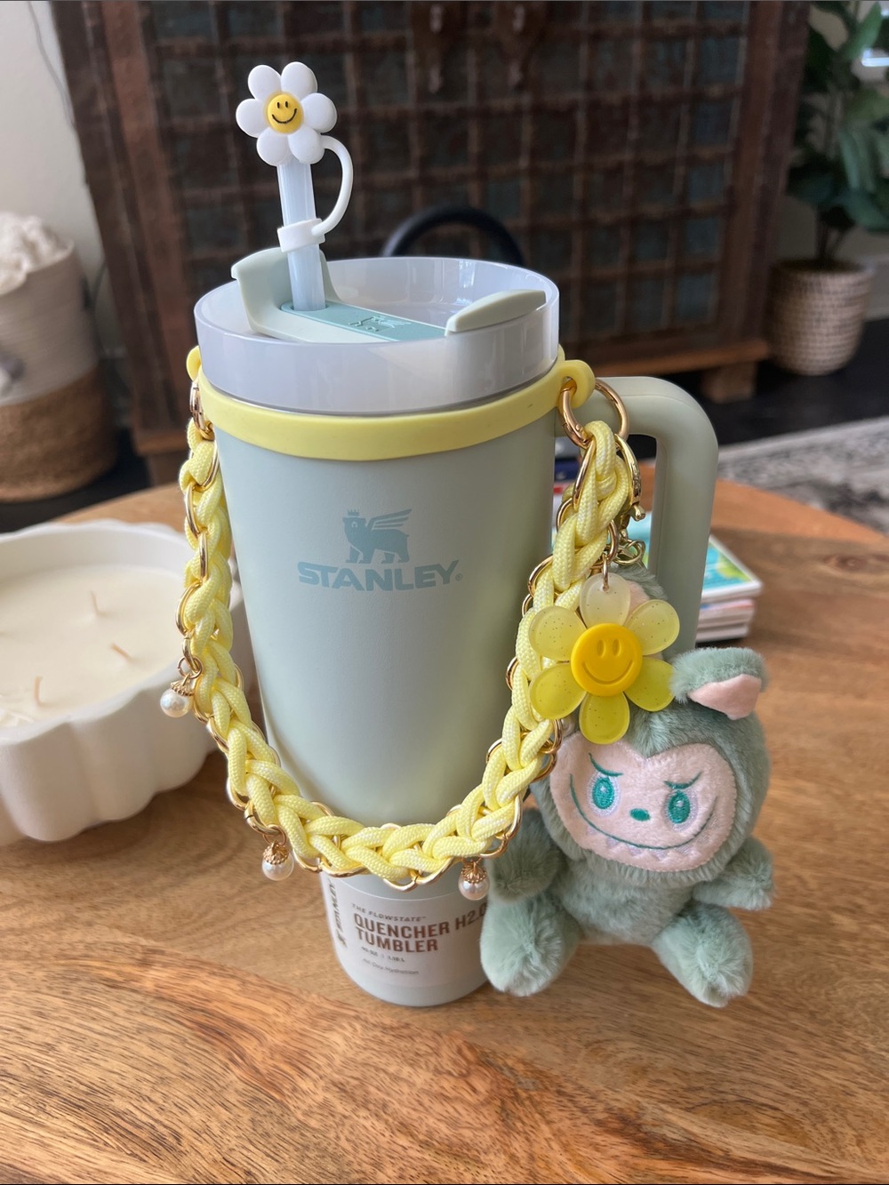 Stanley 40 oz Mint Green Tumbler with Yellow Daisy Charm Strap